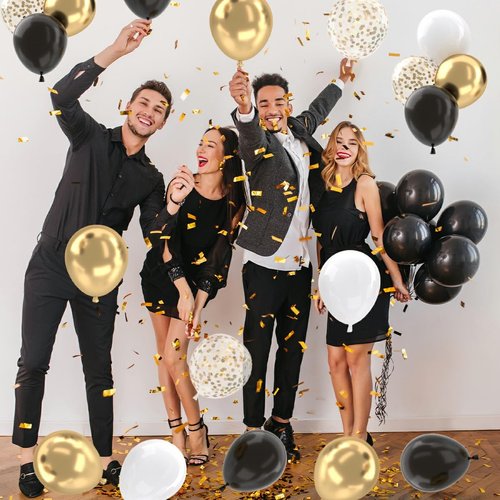 Patimate Black Gold Confetti Balloons Set, 50 pcs 12 inch Metallic Gold Black White Confetti Latex Balloons Kit for Birthday Wedding Graduation New Years Anniversary Party Decorations