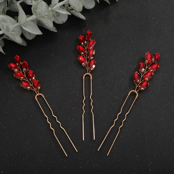 Rumtock 3pcs Vintage Red Crystal Beads Gold Hair Pins for Women Girls Wedding Bridal Vintage Hair Styling Jewelry (Red)