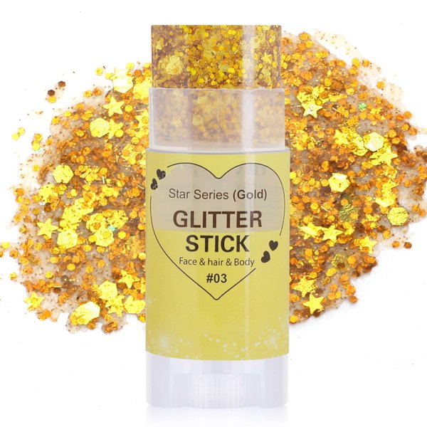 Paminify Gold Body Glitter Stick, Chunky Sequins Glitter Rave Singer Concert Outfits for Kids and Women,Body Paint for Hair Eye Clavicle,Waterproof Shimmer Accessories for Parties & Events
