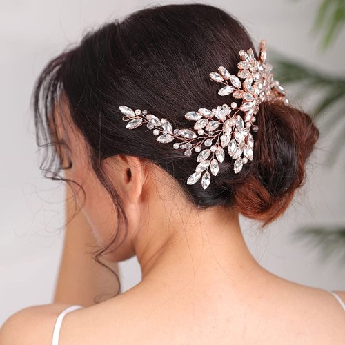 BERYUAN Wedding Rose Gold Rhinestone Crystal Flower Hair Comb Bridal Headpieces for Wedding Bridal Headpiece Wedding Headpiece for Bride for Women Girls (ROSE GOLD)