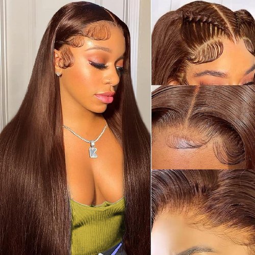 rilago Chocolate Brown Lace Front Wig Human Hair 30 Inch Brown Straight Frontal Wig 13x4 HD Transparent Lace Front Wigs Human Hair Pre Plucked with Baby Hair 180 Density Brown Colored Wig 4#