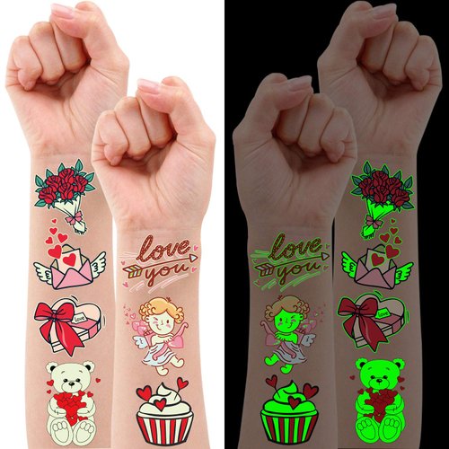 Partywind Luminous Valentines Day Temporary Tattoos for Kids, 38 Styles Glow Valentines Day Decorations Party Favors Supplies Decor, Valentine Heart Stickers for Kids to Exchange Gifts (2 Sheets)
