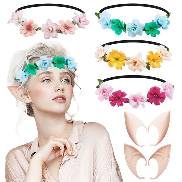 SHEHARUHI 8 PCS Fairy Silk Flower Elastic Crown Headband Fairy Ears Dancing Party Halloween Cosplay Accessories Bride Bridesmaids Flower Girls Female Floral Headwear