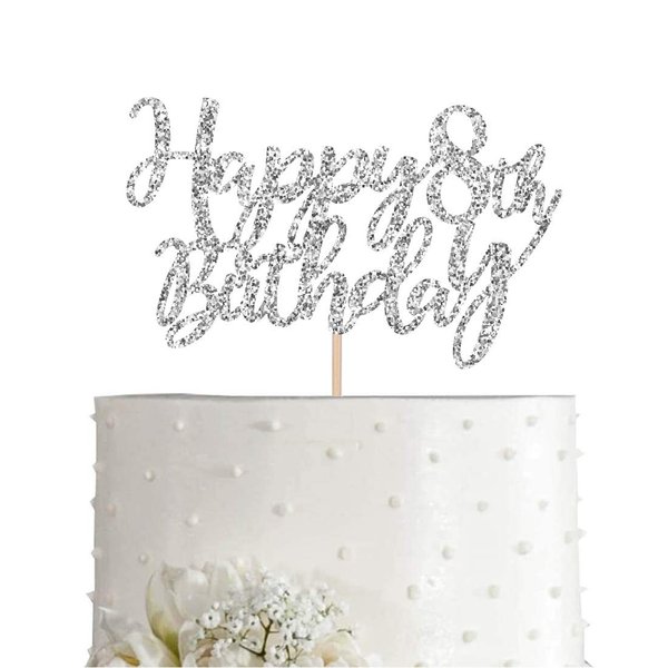 8 Silver Glitter Happy 8th Birthday Cake Topper, Birthday Party Decorations, Supplies, cake topper