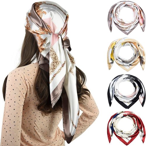 corciova 4 Pcs 35 Square Curly Hair Scarf Black Women Silk Headband Tie Bandanas Headscarf Geometry (Gray Yellow Black Red)