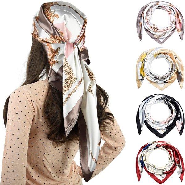 corciova 4 Pcs 35 Square Curly Hair Scarf Black Women Silk Headband Tie Bandanas Headscarf Geometry (Gray Yellow Black Red)
