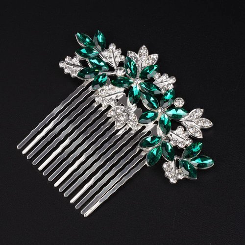 Missgrace Women Bridal Wedding Silver Rhinestones Flower Leaf Side Hair Comb Special Occasion Headpiece Hair Accessories for Women (Silver Green)