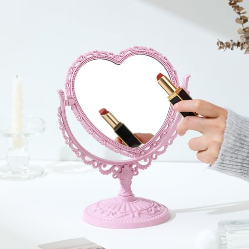 XPXKJ 7Inch Heart Shaped Mirror, 360°Two-Sided Magnifying Aesthetic Mirror, Coquette Room Decor Vanity Mirror for Desk,3X Magnification Bathroom Mirror Bedroom Mirror (Pink Heart Mirror)