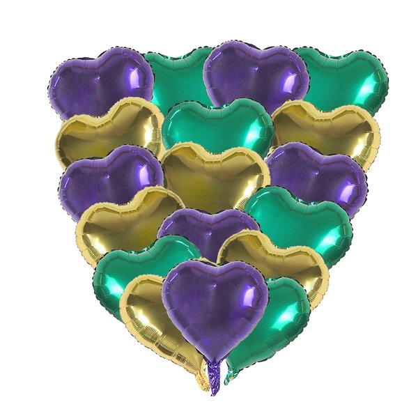 18pcs 18" Gold Purple Green Heart Balloons Mardi Gras Foil Balloons