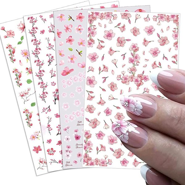 Flower Nail Art Stickers Decals 4 Sheets White Cherry Blossoms Nail Art Supplies 3D Self-Adhesive Nail Decorations Accessories DIY Acrylic Nail Art Applique (Pink)