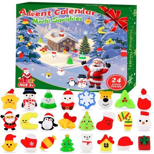 Budbof Christmas Advent Calendars 2024 Kids with 24pcs Cute Mochi Squishy Countdown Toys for Boys Girls Stocking Stuffers Xmas Party Favor Gifts