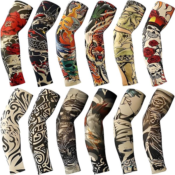 YARIEW Tattoo Sleeves for Men, 12Pcs Arm Sleeves Fake Tattoos Sleeves to Cover Arms Cooling Sun Protection Sleeves