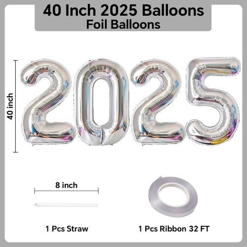 40 Inch Giant Silver Number 2025 Balloon, 2025 New Years Decorations for 2025 Happy New Year Eve Christmas and Graduations Party Supplies
