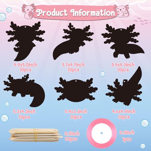 B1ykin 60Pcs Axolotl Scratch Card Gifts Ornaments Set, DIY Magic Rainbow Axolotl Scratch Cards Craft Kit for Kids, Black Hanging Tags Party Favors for Birthday School Classroom Art Activity