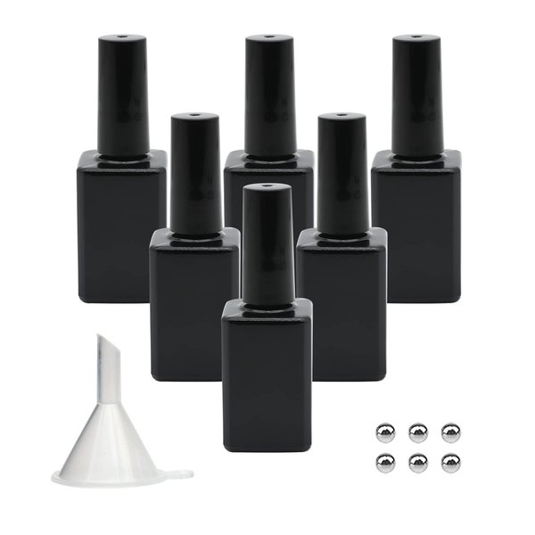 Agidea Empty Nail Polish Bottles with Brush, 15ML Empty Gel Polish Bottles Black, Opaque Square Glass Refillable Fingernail Polish Bottles UV Safe with Mixing Balls & Funnels, Pack of 6