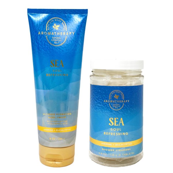 Generic Bath and Body Work Aromatherapy Sea Soul Refreshing JASMINE + EUCALYPTUS Body Cream and Shower Steamer Set - Full Size, blue