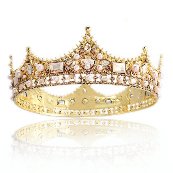 JORCEDI King Crystal Wedding Tiara Vintage Rhinestone Crown Hair Bands For Birthday Prom Pageant Party (Gold)