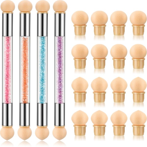 4 Pieces Sponge Nail Brush Picking Dotting Gradient Pen Brush Double Head Sponge Nail Brush Rhinestone Handle Acrylic Nail Painting Brush with 16 Pieces Replacement Head for Nail Design Manicure