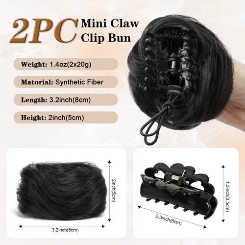 HANYUDIE Space Bun Hair Pieces Claw Clip in Hair Bun Mini Bun Hair Scrunchies Extension for Women Girls 2PCS Natural Black