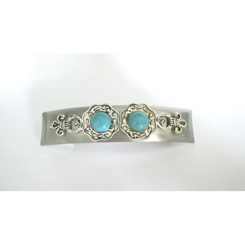 Blue stone silver tone metal design native tribal hair clip barrette