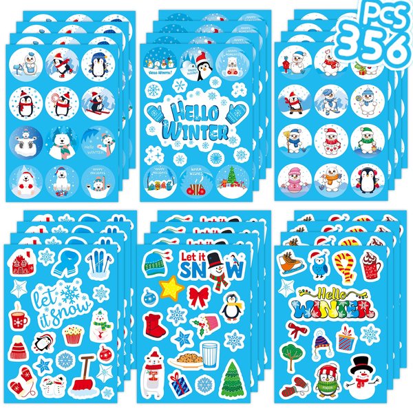 Joy Bang 356 PCS Christmas Winter Stickers for Kids, 24 Sheets Snowflake Penguin Snowman Stickers for Gifts Crafts Water Bottles, Holiday Xmas Sticker Bulk for Teachers Classroom Party Favors