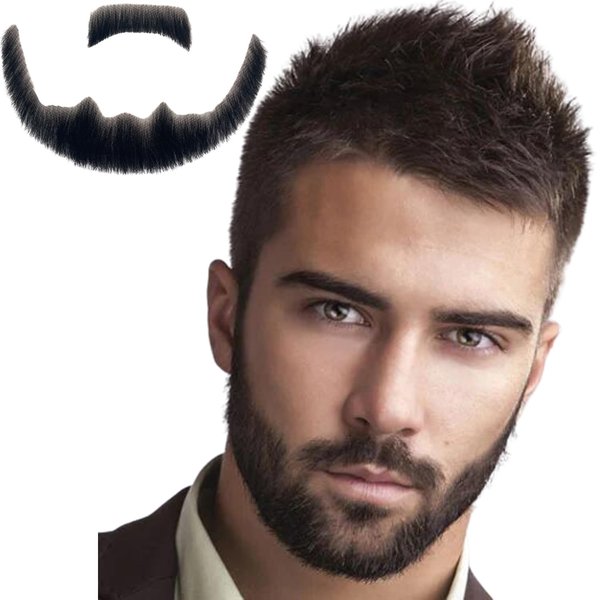 Volora Fake Beard Realistic Human Hair Full Hand Tied Facial Hair False Beards Lace Invisible Fake FaceMustache for Party Movie Makeup Halloween Cosplay Costume Party (Style-2, Black)