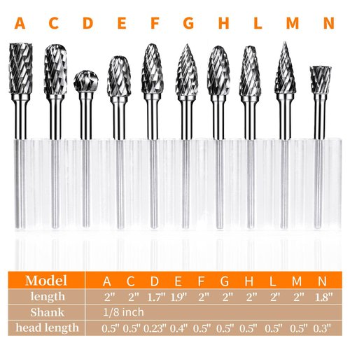 Carbide Burr Set, Die Grinder Bits, 10 PCS 1/8" Shank Double Cut Tungsten Carbide Rotary Burrs Set Compatible with Dremel Bits for Metal Wood Carving Engraving Polishing
