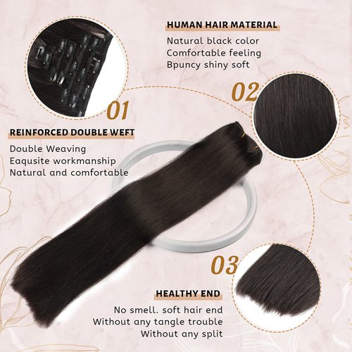 14inch Clip in Hair Extensions Real Human Hair For Women 7pcs Black Hair Extensions 70g 100% Remy Virgin Human Hair Clip In Extensions Double Weft Clips Straight Soft Hair No Tangles