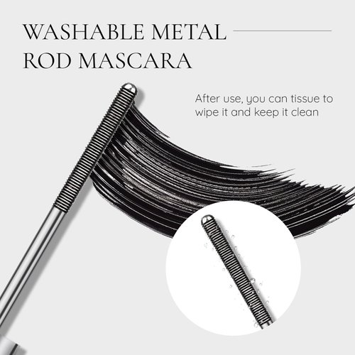 FREEORR Washable Metal Mascara Black, Curling Iron Wand 3D Mascara Non-Clumping, Smudge-Proof Extra Slim Mascara with Metal Rod Wand Curling Eyelash Iron Brush Wand Mascara-Black