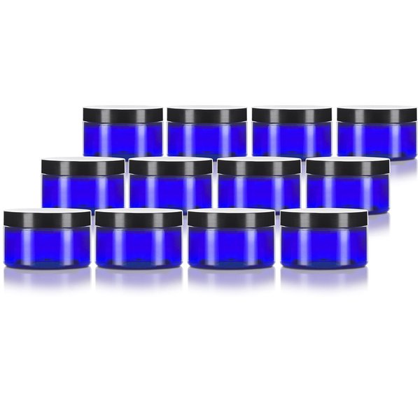 JUVITUS Cobalt Blue 4 oz PET Plastic (BPA Free) Low Profile Jar (12 pack) Refillable Empty Containers