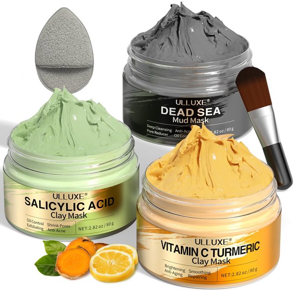 Facial Clay Mask Set - Vitamin C Turmeric Mask, Dead Sea Mud, and Salicylic Acid Mask for Pores, Blackheads, Improve Dark Spots, Even Skin Tone, and Radiant Skin, Face Skincare Mud Masks 2.82 oz each