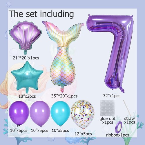 MSMANCY Mermaid Birthday Decorations for Girls, 25pcs Mermaid Party Supplies Set with Mermaid Tail, Shell, Star, Latex Balloons and Number 7 Balloon for 7th Mermaid Party Decorations (Number 7)