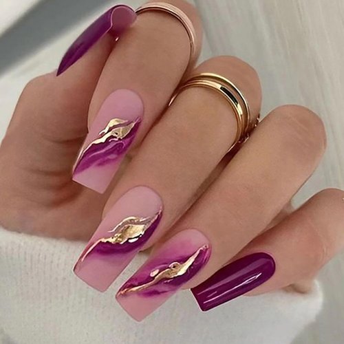 Vezocim Purple Press on Nails Square 24Pcs Glossy Full Cover Medium Acrylic Square False Nails with Gold Foils Designs Artificial Coffin Reusable Fake Nails Glue ons Fingernails for Women Girls