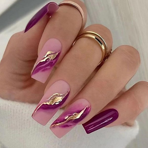 Vezocim Purple Press on Nails Square 24Pcs Glossy Full Cover Medium Acrylic Square False Nails with Gold Foils Designs Artificial Coffin Reusable Fake Nails Glue ons Fingernails for Women Girls