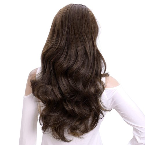 Kori Koli 24 Inch Wavy 3/4 Half Wig Long Darkest Brown Synthetic Hair Extensions Capless Wigs Hair Clips Extension For Women 210g（24“ #7）