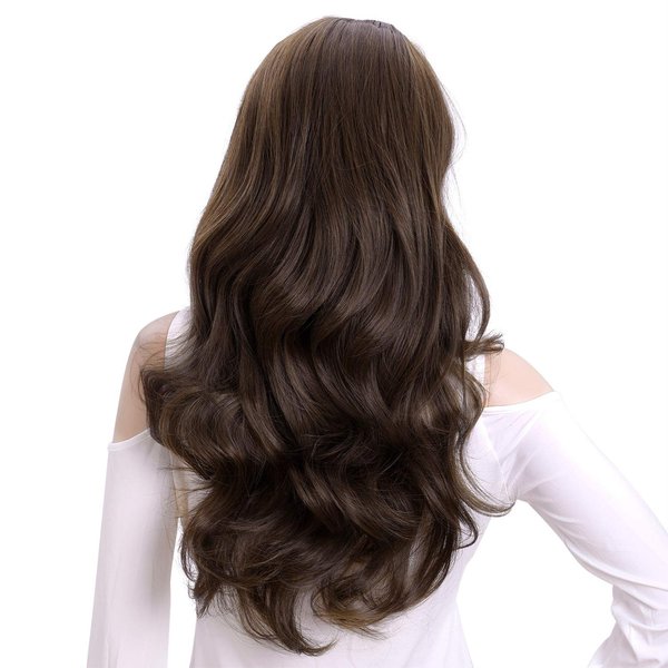 Kori Koli 24 Inch Wavy 3/4 Half Wig Long Darkest Brown Synthetic Hair Extensions Capless Wigs Hair Clips Extension For Women 210g（24“ #7）