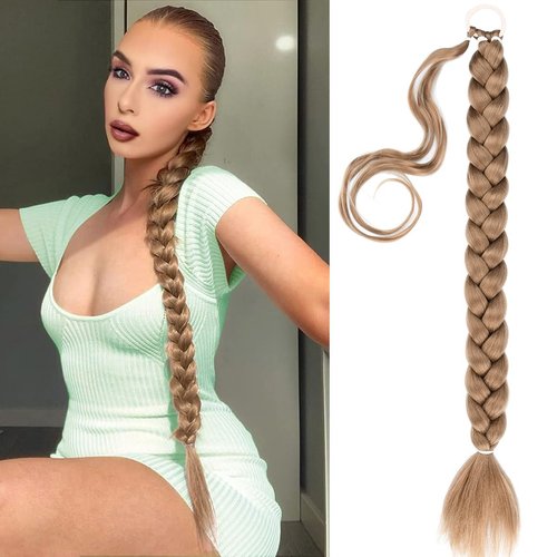 VOPPIS Long Braided Ponytail Extension 30 Inch Pre stretched Braiding Hair Extensions DIY Braid Ponytail Natural Soft Synthetic Hair Piece (Strawberry Blonde, 30inches)
