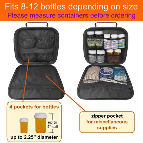 StarPlus2 - Medium Travel Pill Bottle Organizer, Medicine Bag, Carrier for Medications and Medical Supplies - Black (Without Lock)