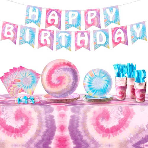Zonon Tie Dye Birthday Party Decorations, Colorful Birthday Party Supplies Include Tie Dye Tablecloth, Plates and Napkins, Cups, Banner for Birthday Party Decorations(Vintage Style)
