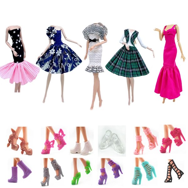 Fashion Doll Clothes Dress and Accessories 5 Sets Doll Dress Outfits + 12 Pairs Random Style Shoes for 11.5" Girl Dolls (Style A)