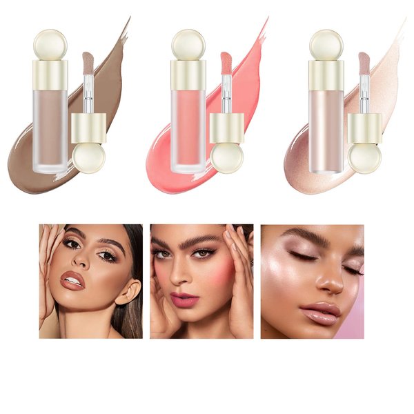 KWOLYKIM 3 Pcs Liquid Contour Highlighter Blush Set, Natural Matte Concealer Contouring, Dewy Cheek Tint Cream Blush, Long-Lasting High Glossy Luminizers Highlighter stick For Face Body Makeup