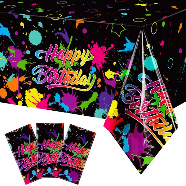 Neon Glow in The Dark Birthday Party Tablecloth Paint Splatter Graffiti Happy Birthday Table Covers Plastic Black Light Table Cloths for Let's Glow Birthday Party Decorations Supplies, 54 x 108 Inch