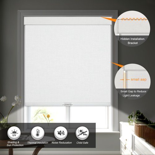 Persilux Blackout Roller Shades & Blinds Windows Shades Free-Stop Blackout Blinds with Jacquard Fabric,Cordless Blinds Pull Down Shades for Home, Easy to Install for Door/Office, White(34.5"W x 64"H)