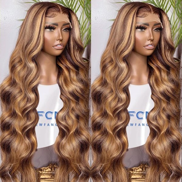 Honey Blonde Lace Front Wig Human Hair 13x6 HD Transparent 4/27 Highlight Ombre Body Wave Lace Front Wigs Human Hair Pre Plucked With Baby Hair 180 Density Glueless Human Hair Wigs For Women (26 Inch)