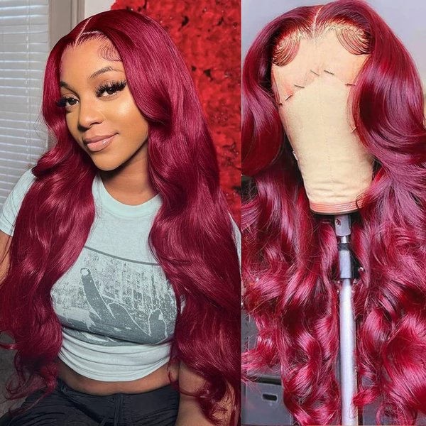 Exalelr Burgundy Lace Front Wigs Human Hair Pre Plucked 13x4 Body Wave Lace Front Wigs Human Hair Bleached Knots 99j Red Wig HD Transparent Lace Frontal Wigs for Black Women 180% Density (22 Inch)