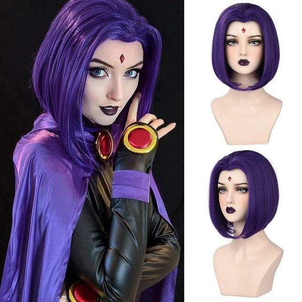 REECHO Purple Wigs for Cosplay - 14" Short Wavy Bob Wig Synthetic Hair Replacement Wig for Women Halloween Cosplay Costume Daily Party