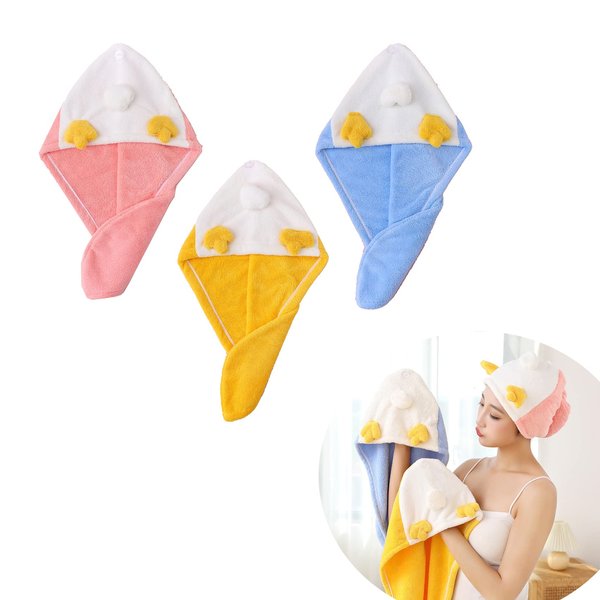 czmylzytt Hair Towel Wrap,Turban 3 Pack,Microfibre Hair Towel, Super Absorbent,Rabbit Ears Hair Drying Towel with Button, Dry Hair Hat, Wrapped Bath Cap (Lovely Turban-3)