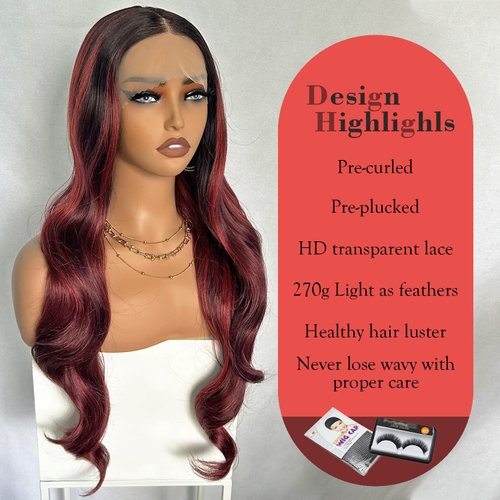 UREMY Ombre Burgundy Highlight Color Lace Front Wig 30 Inch Long Body Wave Pre Plucked Lace Wig Middle Part Glueless Transparent Swiss Lace Heat Resistant Synthetic Wigs for Black Women