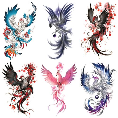 Oottati 6 Sheets Arm Waterproof Temporary Tattoos Colorful Blue Black Red Pink Flying Phoenix Flower