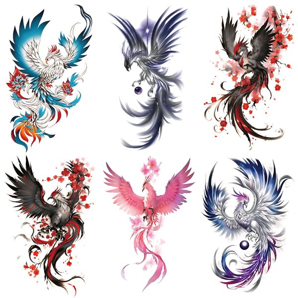 Oottati 6 Sheets Arm Waterproof Temporary Tattoos Colorful Blue Black Red Pink Flying Phoenix Flower